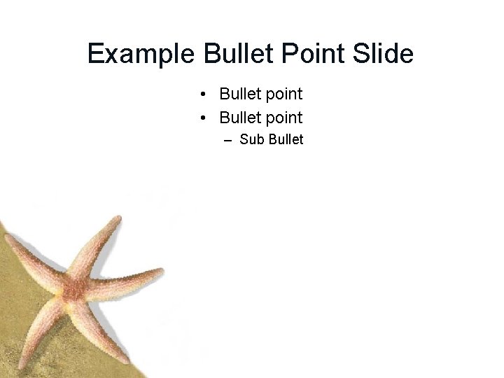 Example Bullet Point Slide • Bullet point – Sub Bullet 