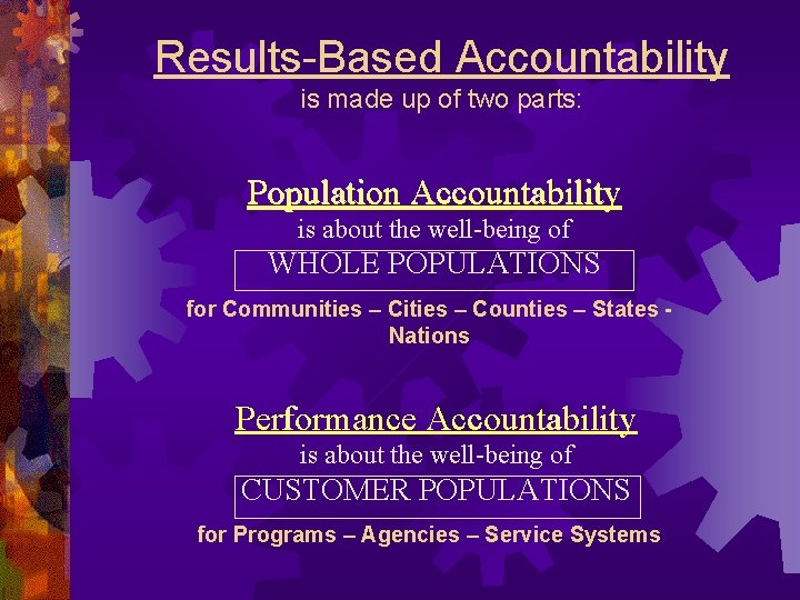 Results-Based Accountability is made up of two parts: Population Accountability is about the well-being