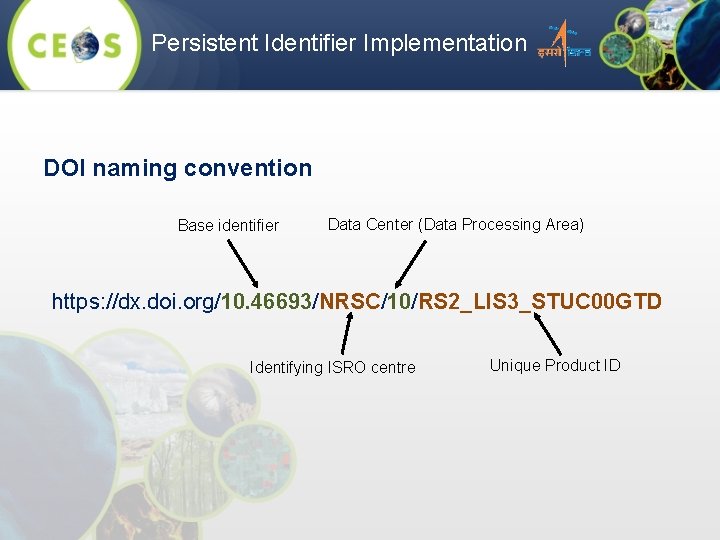 Persistent Identifier Implementation DOI naming convention Base identifier Data Center (Data Processing Area) https: