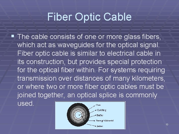 Fiber Optic Cable § The cable consists of one or more glass fibers, which