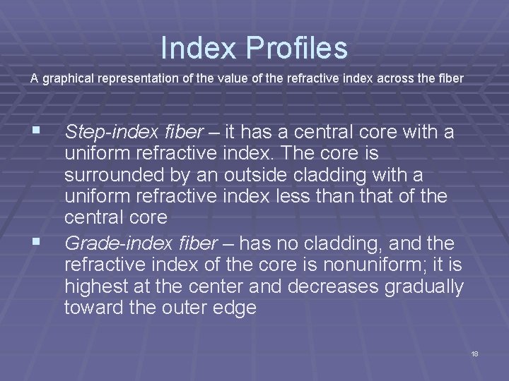 Index Profiles A graphical representation of the value of the refractive index across the