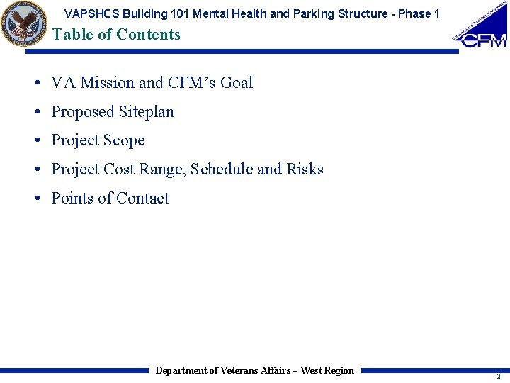 VAPSHCS Building 101 Mental Health and Parking Structure - Phase 1 Table of Contents