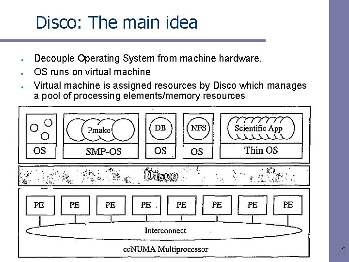 Disco: The main idea ● ● ● Decouple Operating System from machine hardware. OS