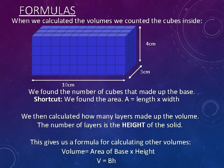 FORMULAS When we calculated the volumes we counted the cubes inside: 4 cm 3