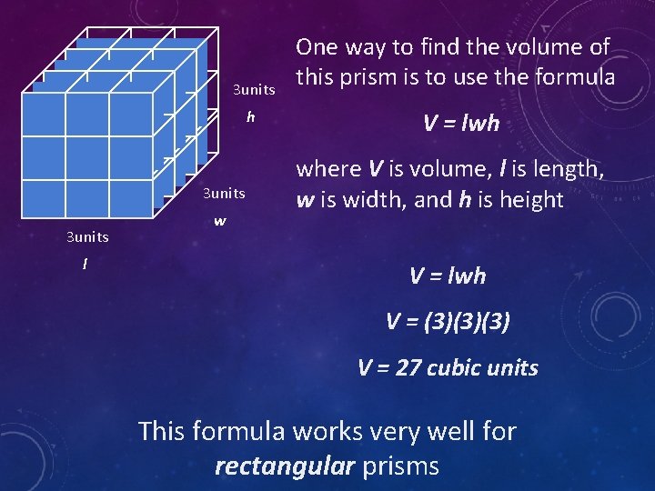 3 units h 3 units l w One way to find the volume of
