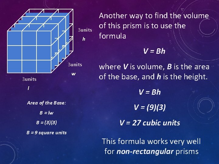 3 units h Another way to find the volume of this prism is to