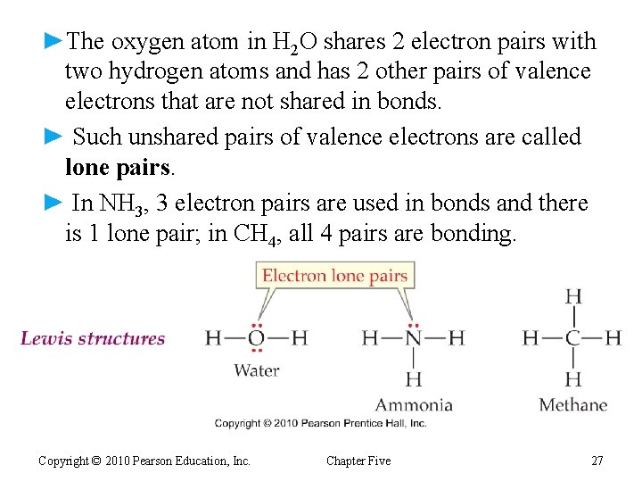 ►The oxygen atom in H 2 O shares 2 electron pairs with two hydrogen