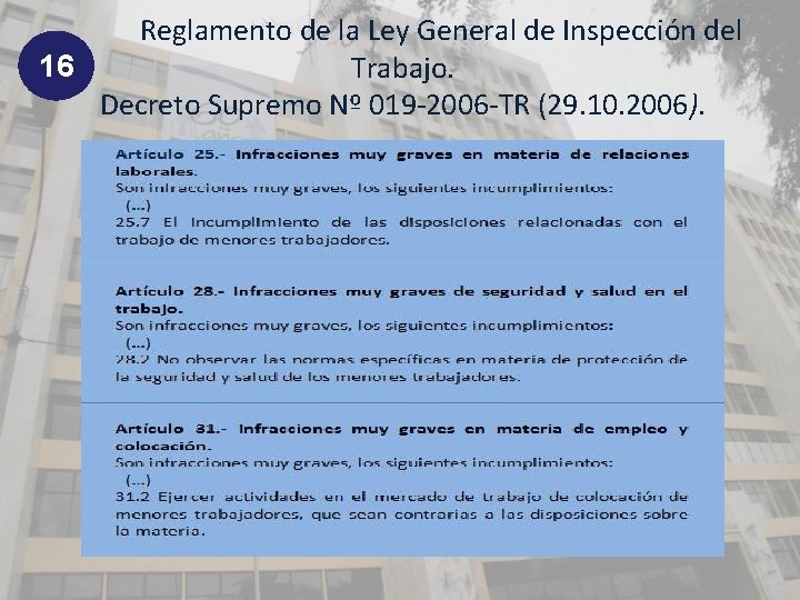 Reglamento de la Ley General de Inspección del 16 Trabajo. Decreto Supremo Nº 019