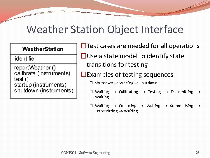 Weather Station Object Interface �Test cases are needed for all operations �Use a state