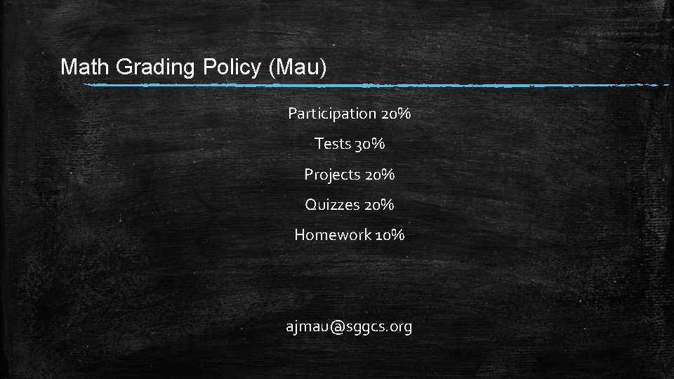 Math Grading Policy (Mau) Participation 20% Tests 30% Projects 20% Quizzes 20% Homework 10%