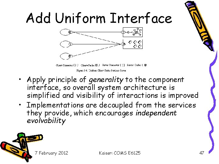 Add Uniform Interface • Apply principle of generality to the component interface, so overall