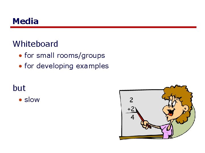 Media Whiteboard • for small rooms/groups • for developing examples but • slow 