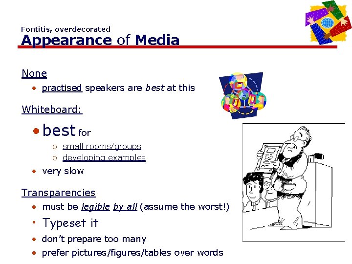 Fontitis, overdecorated Appearance of Media None • practised speakers are best at this Whiteboard: