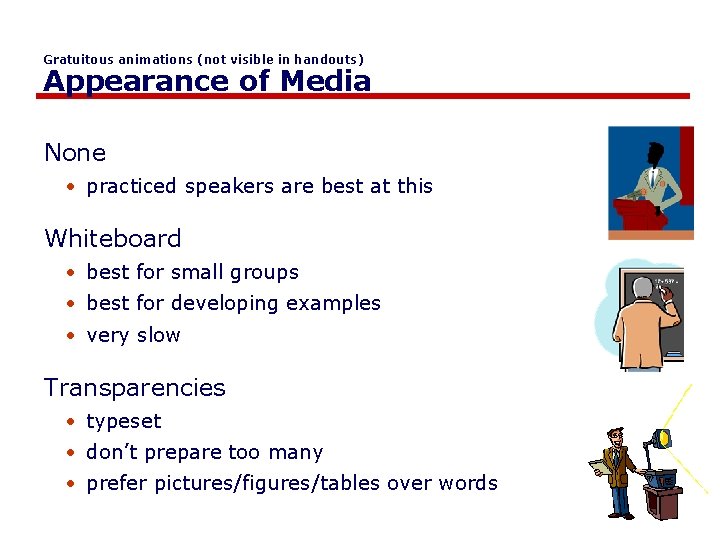 Gratuitous animations (not visible in handouts) Appearance of Media None • practiced speakers are