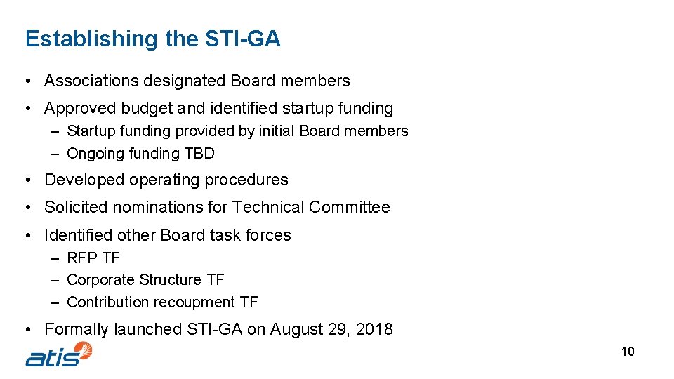 Establishing the STI-GA • Associations designated Board members • Approved budget and identified startup