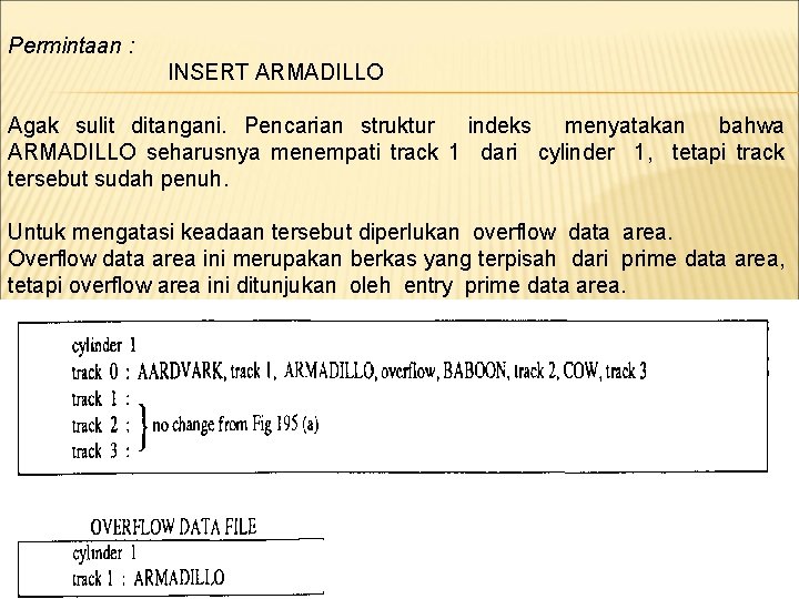 Permintaan : INSERT ARMADILLO Agak sulit ditangani. Pencarian struktur indeks menyatakan bahwa ARMADILLO seharusnya