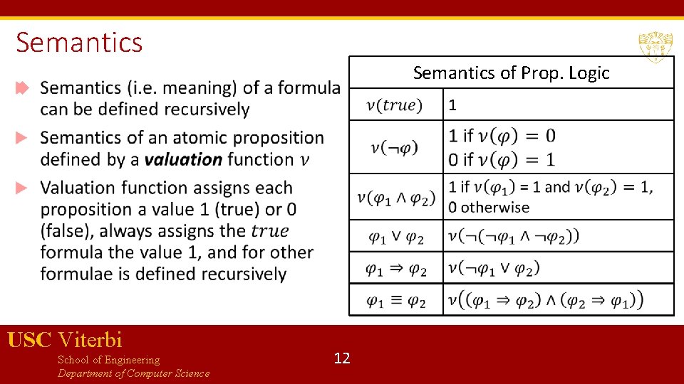 Semantics of Prop. Logic 1 USC Viterbi School of Engineering Department of Computer Science
