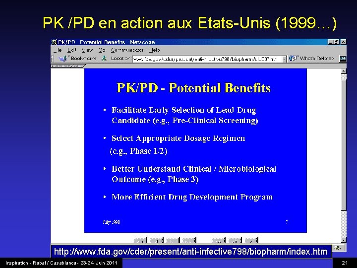 PK /PD en action aux Etats-Unis (1999…) http: //www. fda. gov/cder/present/anti-infective 798/biopharm/index. htm Inspiration