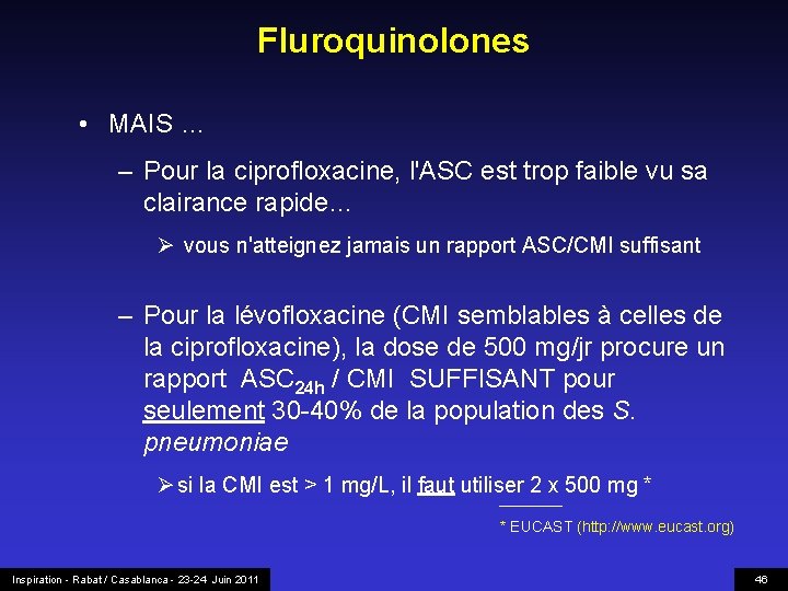 Fluroquinolones • MAIS … – Pour la ciprofloxacine, l'ASC est trop faible vu sa