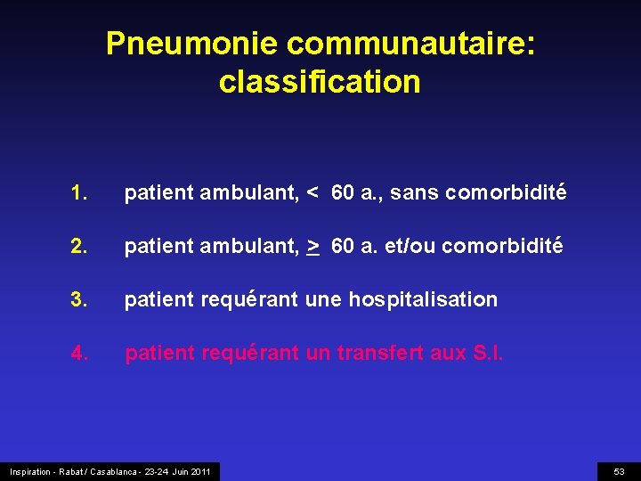 Pneumonie communautaire: classification 1. patient ambulant, < 60 a. , sans comorbidité 2. patient