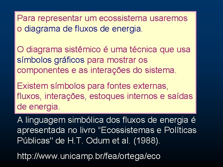 Para representar um ecossistema usaremos o diagrama de fluxos de energia. O diagrama sistêmico