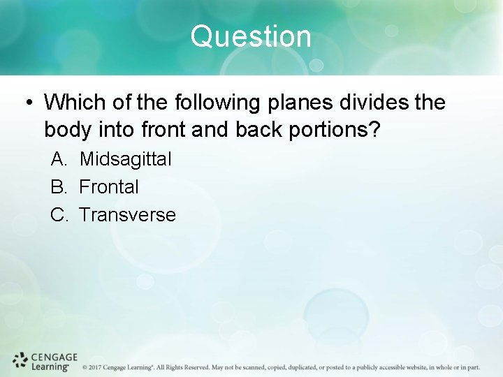 Question • Which of the following planes divides the body into front and back