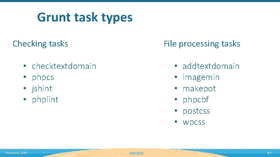 Grunt task types Checking tasks • • Bucharest, 2016 File processing tasks checktextdomain phpcs