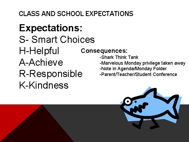 CLASS AND SCHOOL EXPECTATIONS Expectations: S- Smart Choices Consequences: H-Helpful -Shark Think Tank -Marvelous