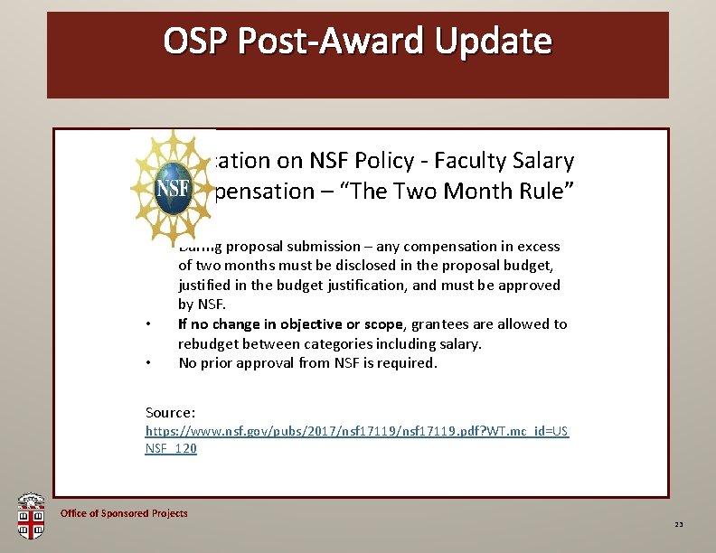 OSPOSP Post-Award Brown Bag Update Clarification on NSF Policy - Faculty Salary Compensation –