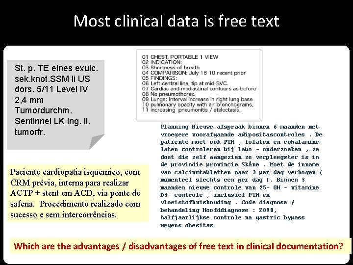 Most clinical data is free text St. p. TE eines exulc. sek. knot. SSM