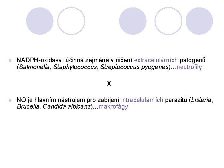 l NADPH-oxidasa: účinná zejména v ničení extracelulárních patogenů (Salmonella, Staphylococcus, Streptococcus pyogenes)…neutrofily X l