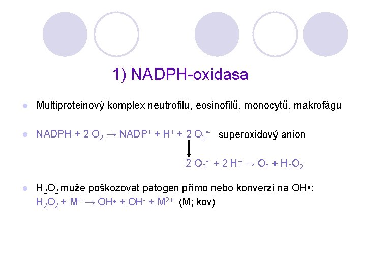 1) NADPH-oxidasa l Multiproteinový komplex neutrofilů, eosinofilů, monocytů, makrofágů l NADPH + 2 O