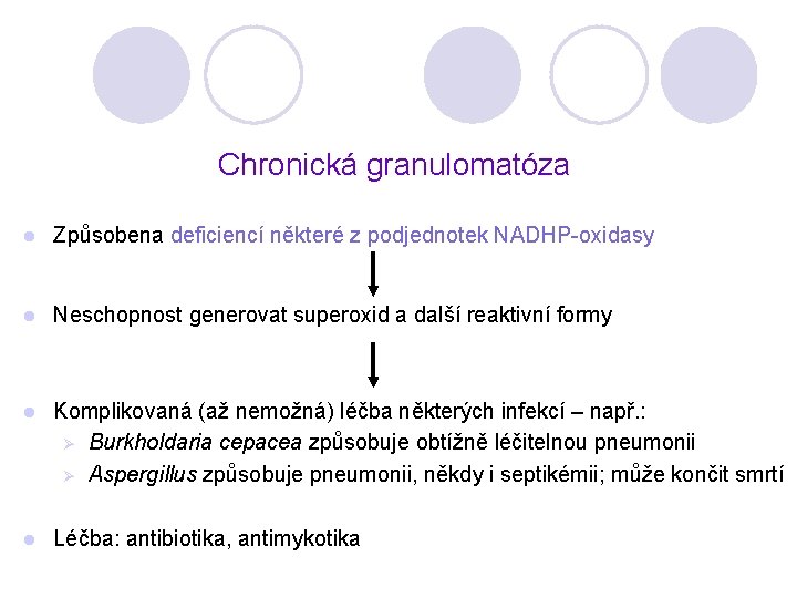 Chronická granulomatóza l Způsobena deficiencí některé z podjednotek NADHP-oxidasy l Neschopnost generovat superoxid a