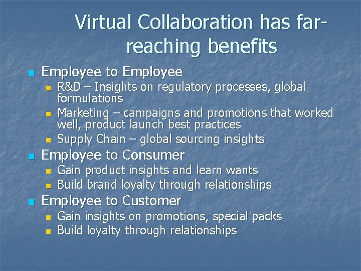 Virtual Collaboration has farreaching benefits n Employee to Employee n n Employee to Consumer