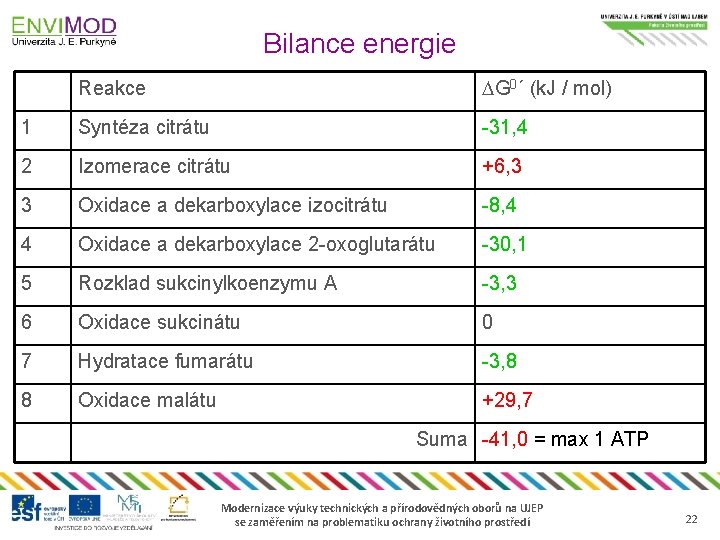 Bilance energie Reakce DG 0´ (k. J / mol) 1 Syntéza citrátu -31, 4