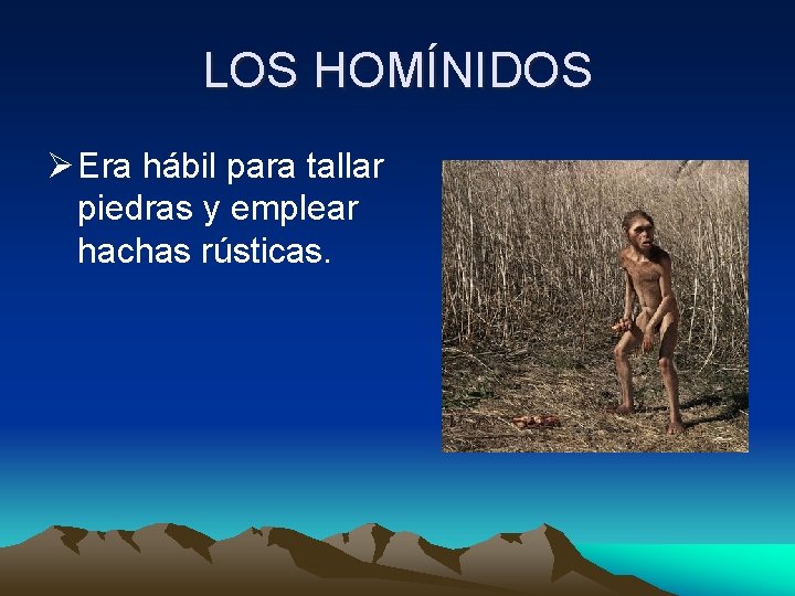 LOS HOMÍNIDOS Ø Era hábil para tallar piedras y emplear hachas rústicas. 
