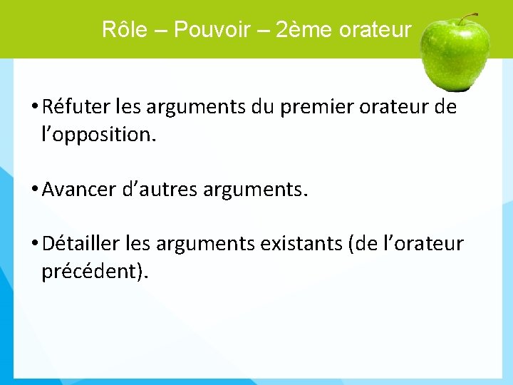 Rôle – Pouvoir – 2ème orateur • Réfuter les arguments du premier orateur de