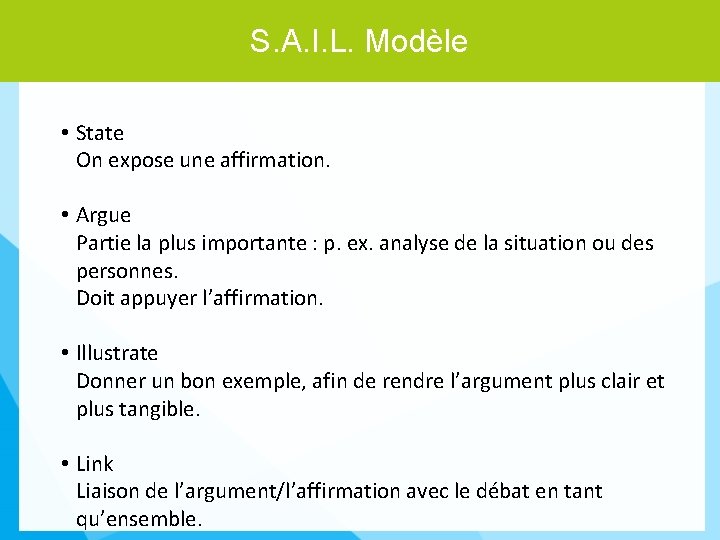 S. A. I. L. Modèle • State On expose une affirmation. • Argue Partie