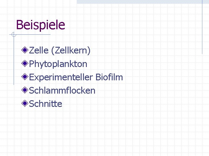 Beispiele Zelle (Zellkern) Phytoplankton Experimenteller Biofilm Schlammflocken Schnitte 