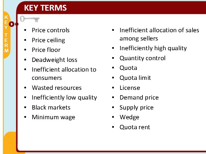 KEY TERMS • • • Price controls Price ceiling Price floor Deadweight loss Inefficient