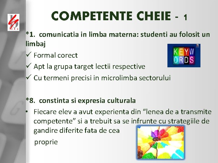 COMPETENTE CHEIE - 1 *1. comunicatia in limba materna: studenti au folosit un limbaj