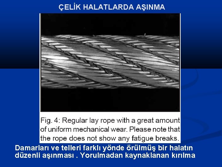 ÇELİK HALATLARDA AŞINMA Damarları ve telleri farklı yönde örülmüş bir halatın düzenli aşınması. Yorulmadan