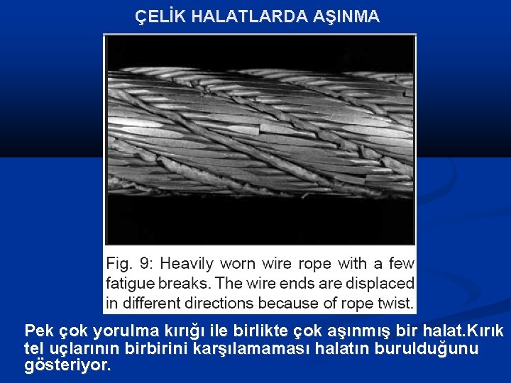 ÇELİK HALATLARDA AŞINMA Pek çok yorulma kırığı ile birlikte çok aşınmış bir halat. Kırık