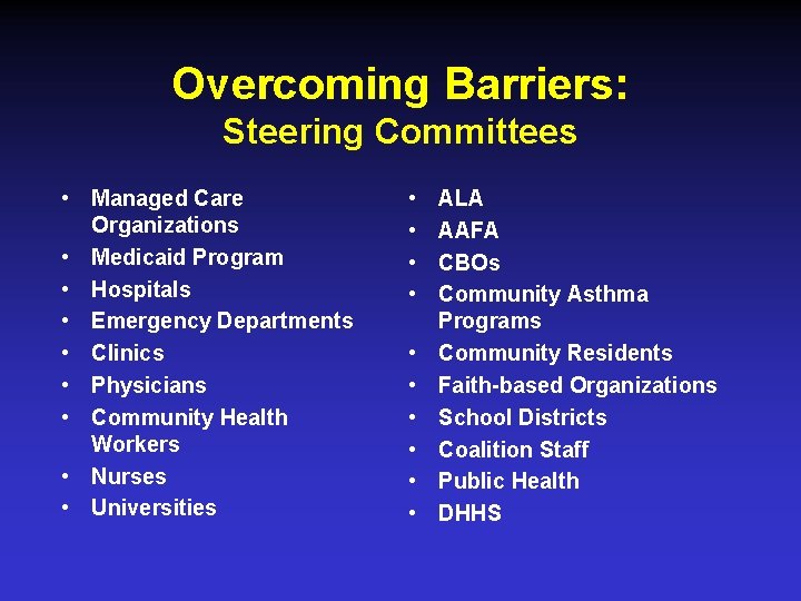 Overcoming Barriers: Steering Committees • Managed Care Organizations • Medicaid Program • Hospitals •