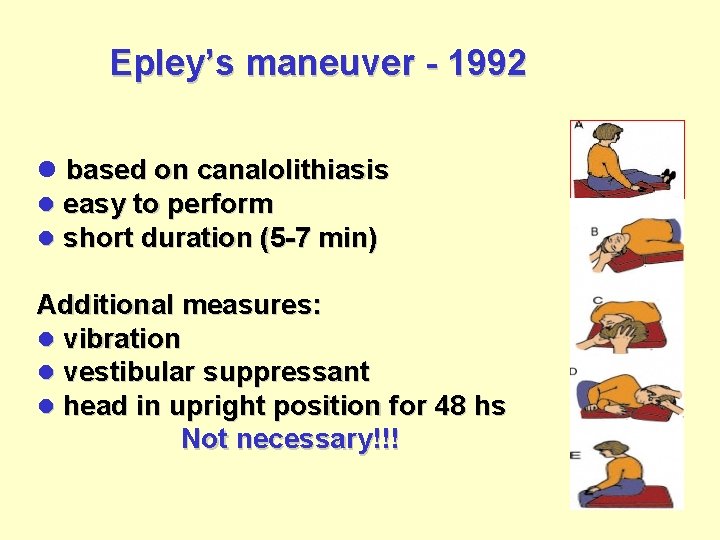 Epley’s maneuver - 1992 l based on canalolithiasis l easy to perform l short