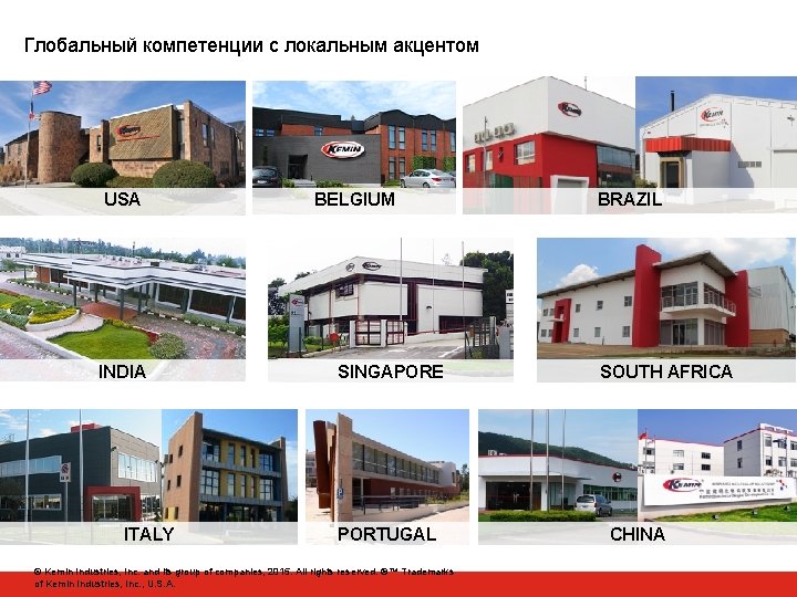 Глобальный компетенции с локальным акцентом USA INDIA ITALY BELGIUM SINGAPORE PORTUGAL © Kemin Industries,