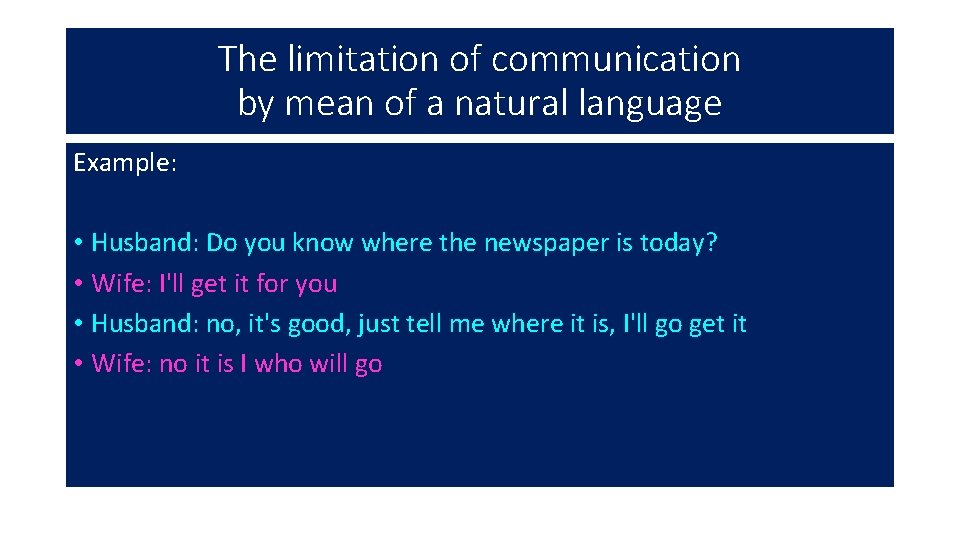 The limitation of communication by mean of a natural language Example: • Husband: Do