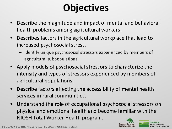Behavioral Health in Agricultural Populations Diane Rohlman Ph