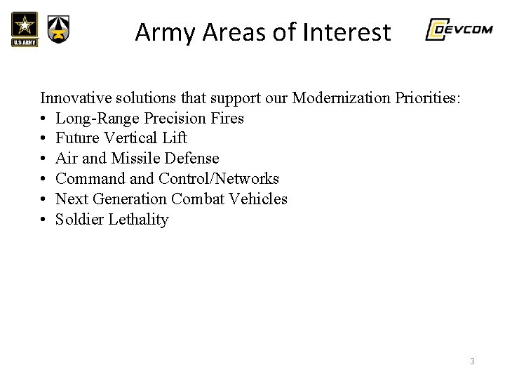 UNCLASSIFIED//FOR OFFICIAL USE ONLY Army Areas of Interest Innovative solutions that support our Modernization