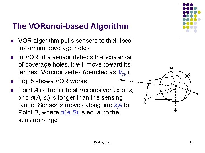 The VORonoi-based Algorithm l l VOR algorithm pulls sensors to their local maximum coverage